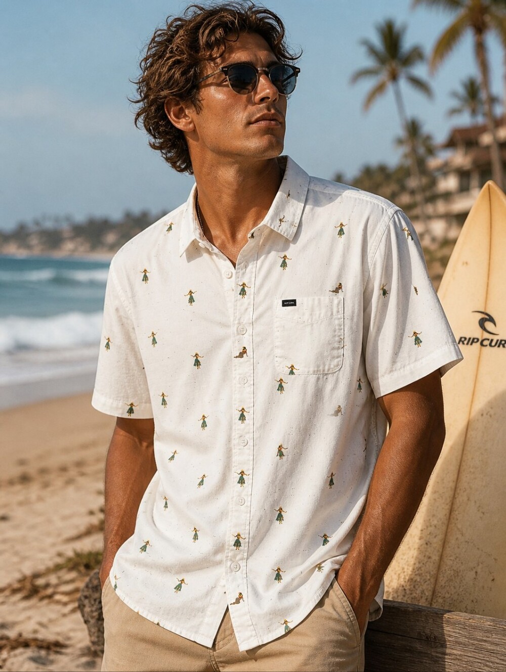 RIP CURL Button Up Shirt Mens Large White Hawaiian Surf Camp Shirt Hula Girl